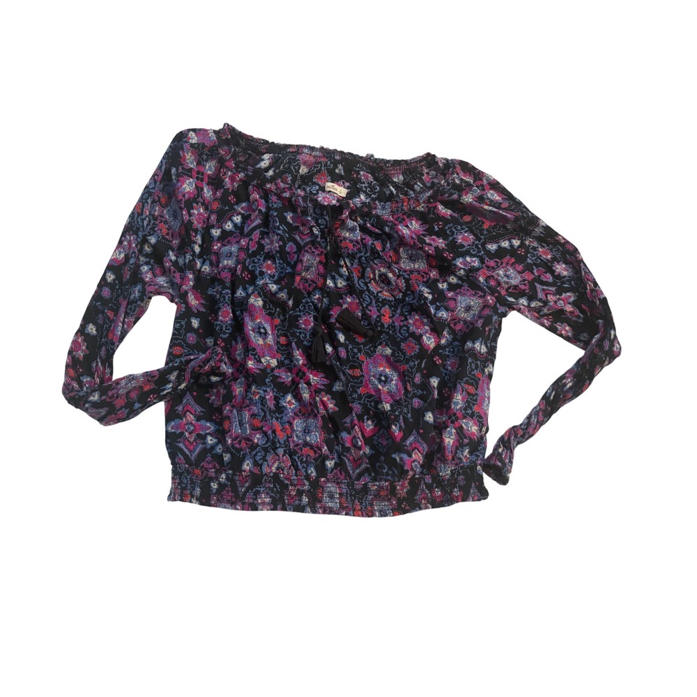 Hollister Womens‎ Boho Medallion Print Smocked Off Shoulder Tassel Top Black S